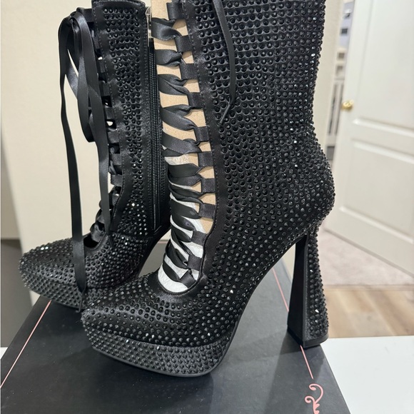 Rhinestones Lace Up Platform Booties Size 7 - Picture 9 of 16
